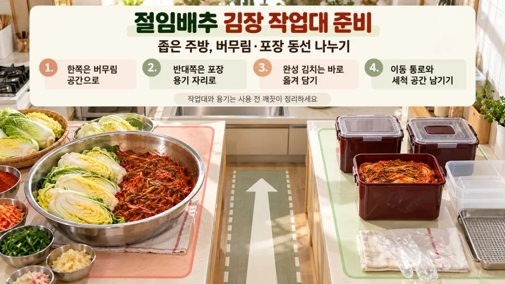 절임배추 김장 작업대 준비, 좁은 주방에서 버무림·포장 동선 나누기