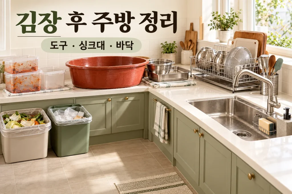 김장 후 주방 정리 순서, 양념 묻은 도구·싱크대·바닥 청소 나누기